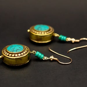 Green Turquoise Round Earrings • Tibetan green turquoise, vintage beads from Nepal, gold-plated ear wires, radiant gilded silver earrings