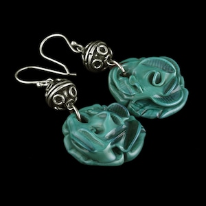 Silver & Green Murano Earrings • Dark green matte Murano glass in the shape of roses, round silver beads silver. Alluring green earrings