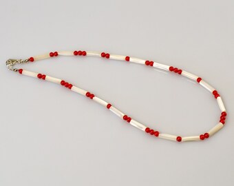 Mother-of-Pearl & Coral Necklace. Red and white contrast. Mediterranean summer jewelry