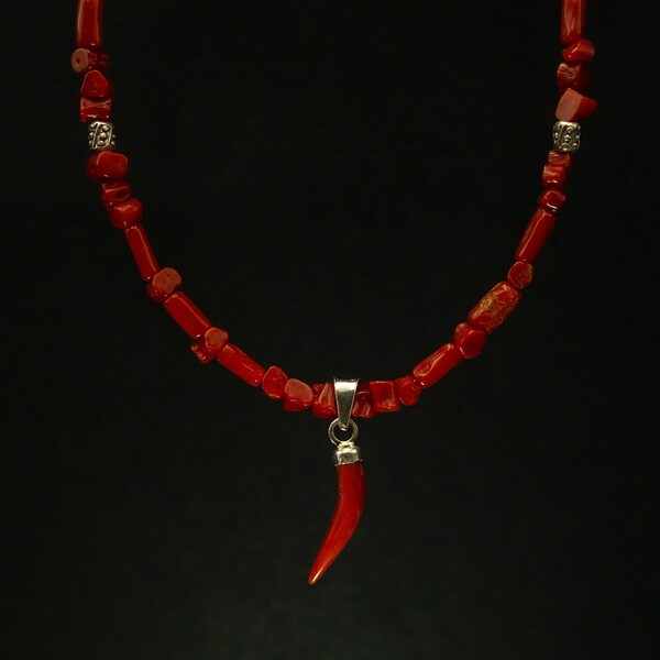 Red Coral Necklace With Pendant • Lightweight Sardinian corals, coral red pepper pendant, silver furniture. Italian red corals in silver