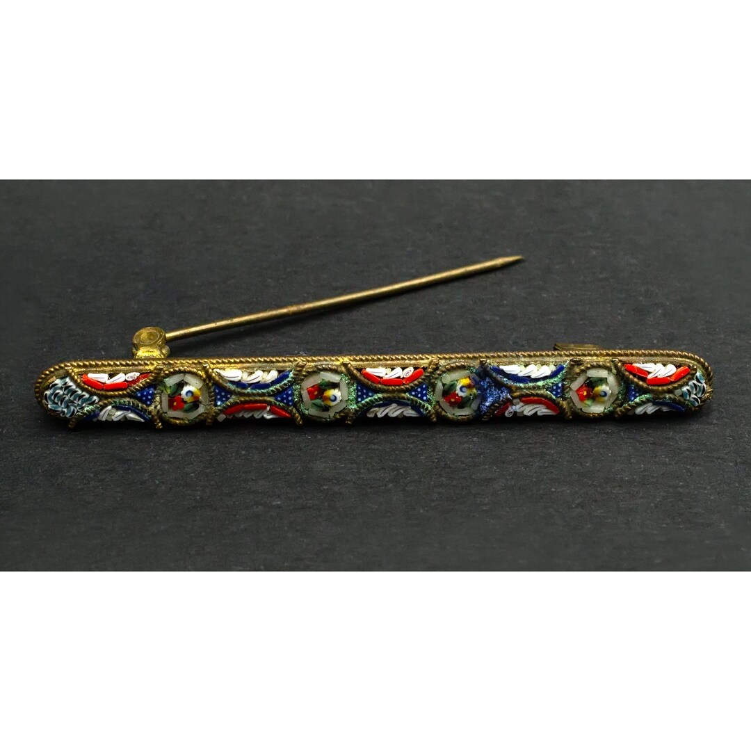 Vintage Italian Brooch Narrow Brooch in Micromosaic With Brass