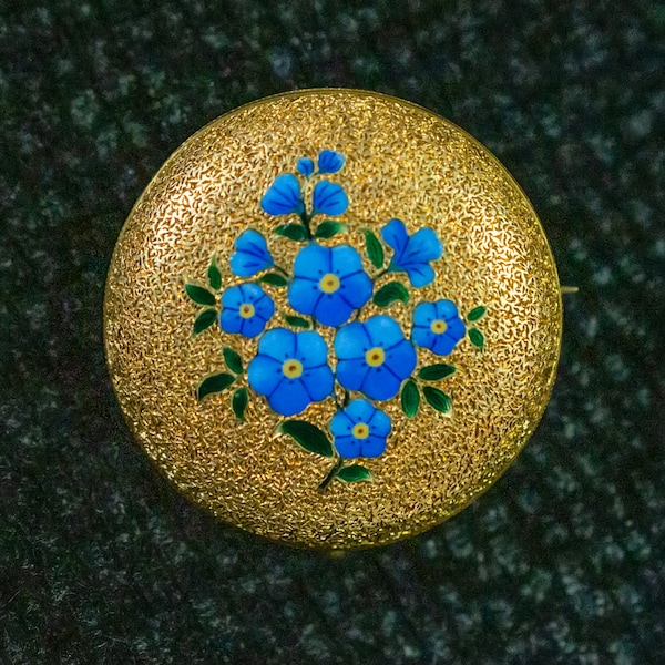 Vintage golden&enamel Brooch • Anique French 18K gold brooch. Blue forget-me-nots on gold background, splendid specimen of jewelry artistry