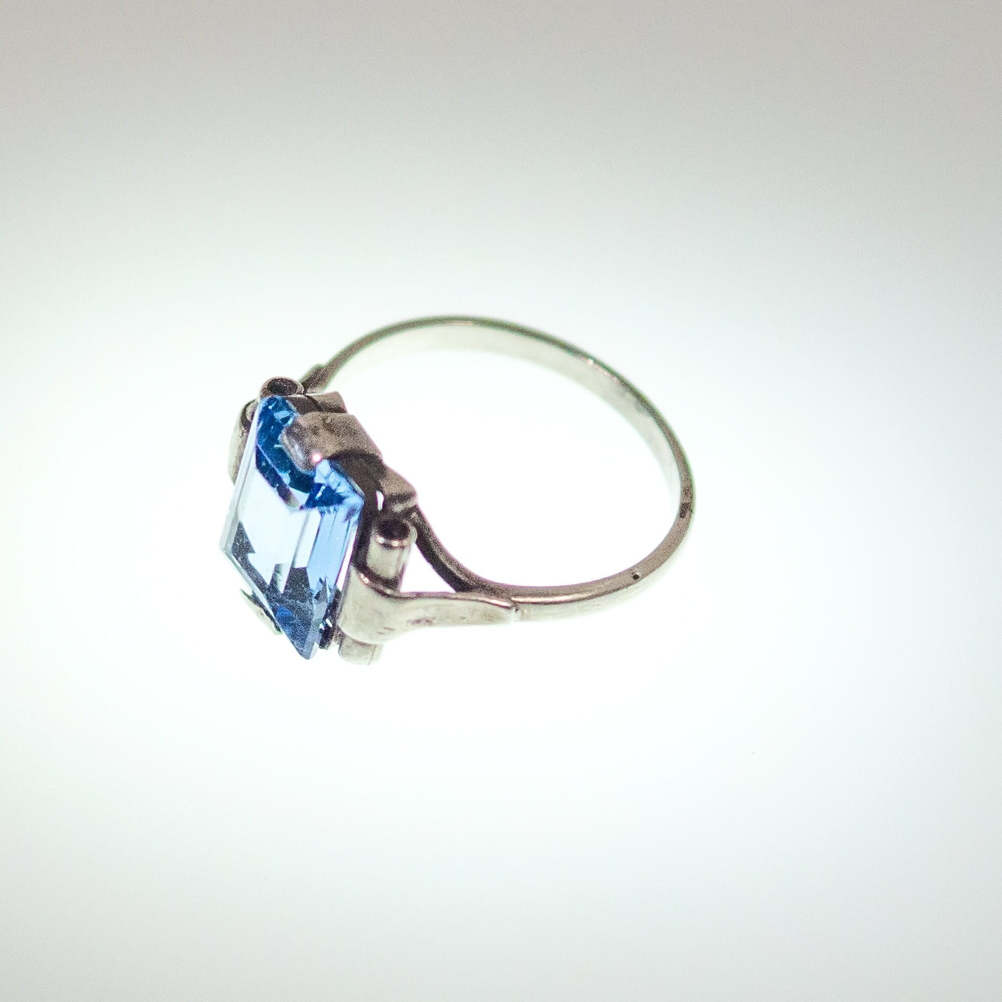 Bague Tank Art Déco - Argent 925 - Pierre Bleue (Aigue-Marine/Topaze) - Taille 56