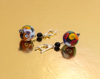 Handcrafted Murano Millefiori Glass Earrings. Red-yellow-blue-black, silver latch back closures