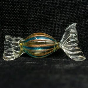 Vintage Murano Glass Candy • Blown blue-gold-transparent Murano glass with stripes. Large glass lollipop, Venice 1990s, perfect condition