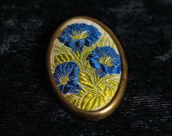 Vintage Italian Embroidered Brooch: Blue Ipomoea Flowers, Brass Frame