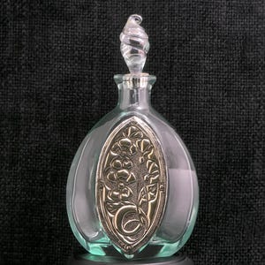 Large Italian Glass Perfume Bottle With Silver Floral Plaque. Vintage decorative vanity bottle