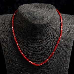 Red Coral Lightweight Thin Necklace. Jewelry made of red Sardinian coral & silver. Thin cylinders of Italian coral. Silver chain extender