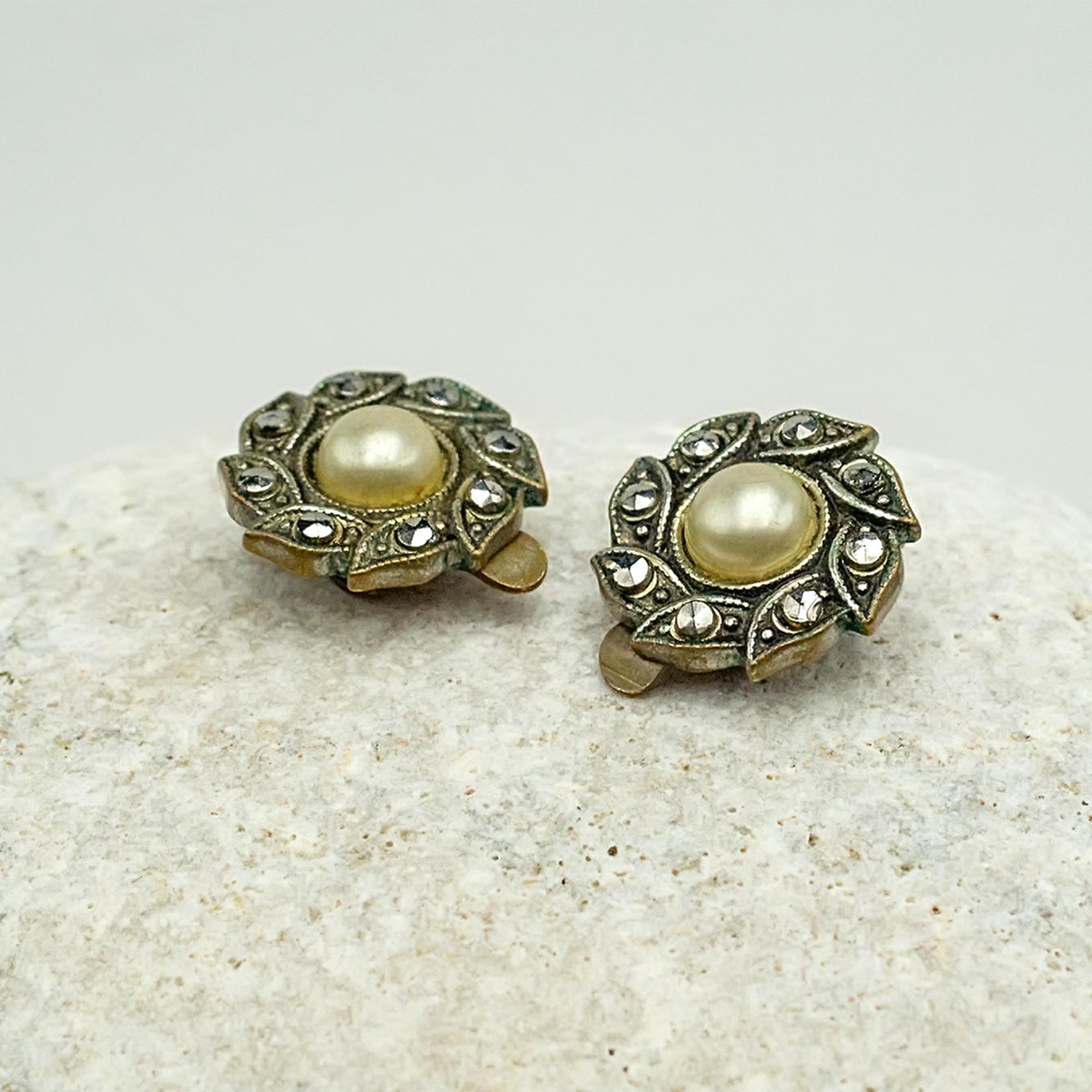 Perlen & Markasiten Ohrclips • Englische Vintage, Jugendstil Ohrclips, rund und federleicht, exzellenter Zustand