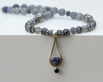 Natural Sapphire Necklace With Pendant. Dark sapphire in sterling silver, handmade sapphire & quartz necklace, dark and light sapphires