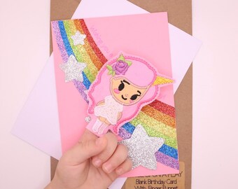 Cartão de aniversário de unicórnio com fantoche de dedo interativo – brinquedo de lembrança para meninas