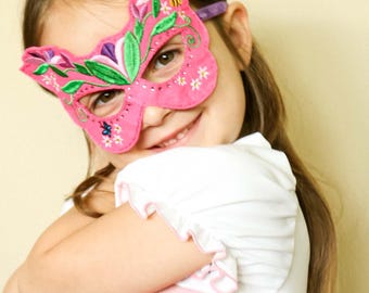 Máscara de Fada Floral para Crianças: Bordada, com Strass e Laço de Fita de Veludo