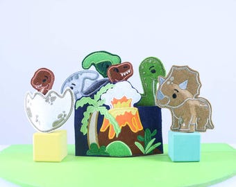 Conjunto de fantoches de dedo de dinossauro: atividade artesanal para contar histórias