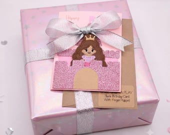 Conjunto de fantoches de dedo de feltro de princesa e cartão de aniversário
