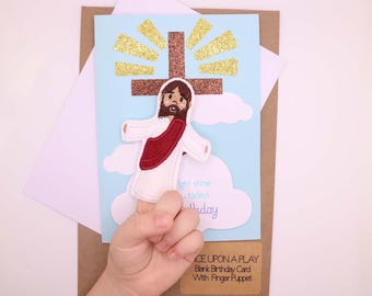 Cartão de aniversário infantil interativo com fantoche de dedo de Jesus - Cartão de felicitações cristão para crianças