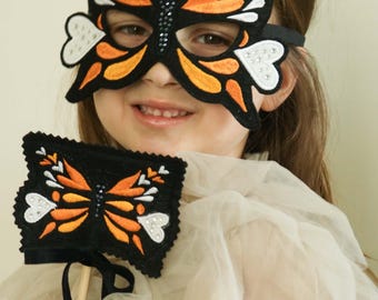 Conjunto de máscara e varinha de borboleta bordadas • Brinquedo de feltro para fantasia de personagem da natureza