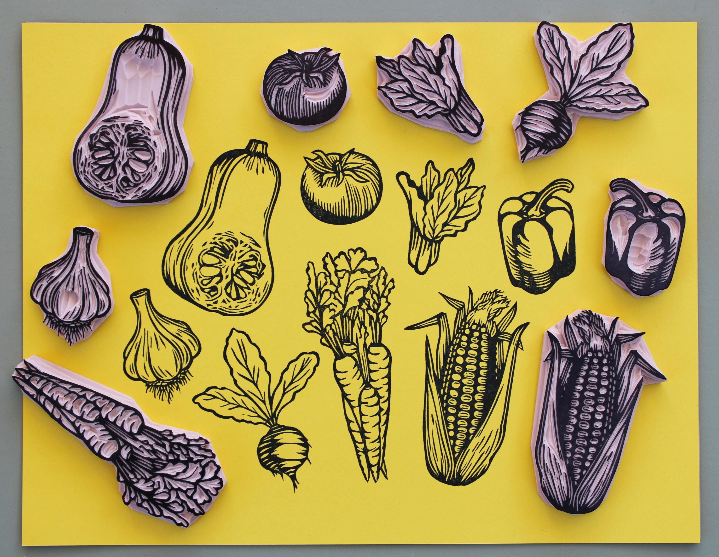 Vegetable Rubber Stamps (hand-carved, unmounted) tomato, pepper, corn, squash, beet, lettuce, carrots, garden