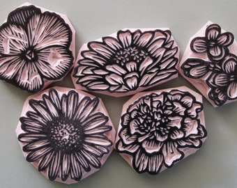 Assorted flower stamps (small) handcarved, unmounted