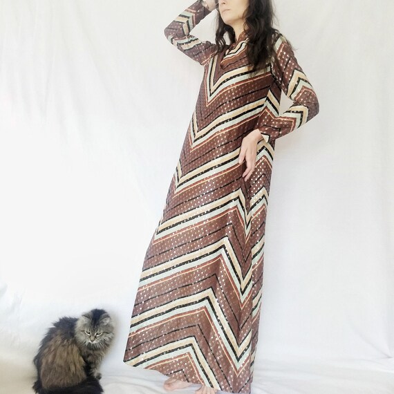 Vintage 1970s Chevron A-line metallic maxi dress
