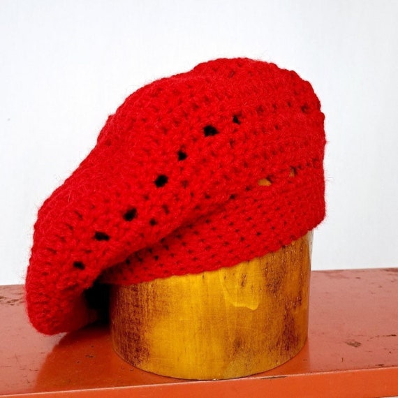 Vintage 1970s red crochet beret hat - image 3