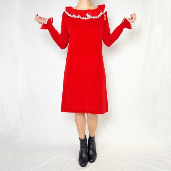 Vintage 1960s red velour ruffled dress - image 2