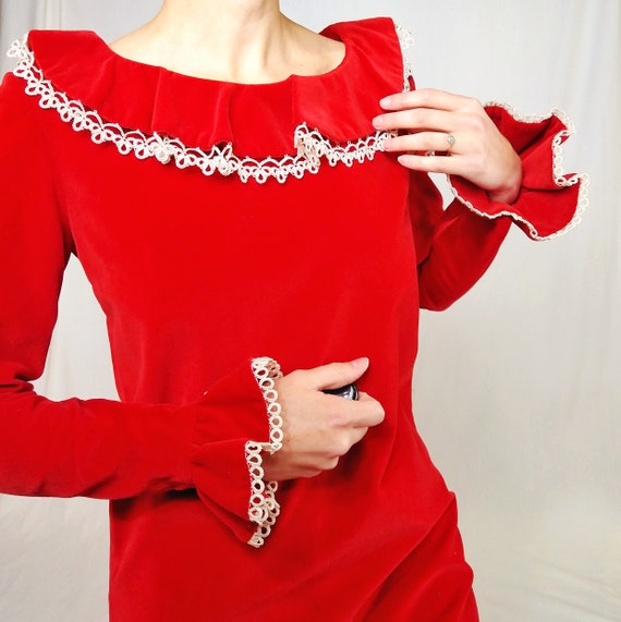 Vintage 1960s red velour ruffled dress - image 3