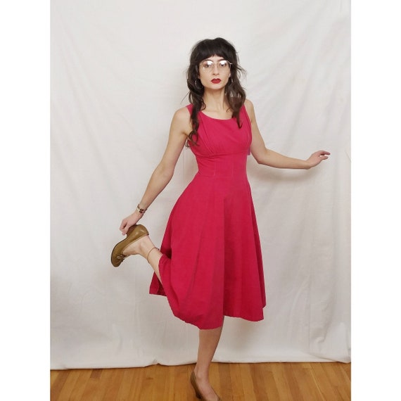 Vintage 1950s raspberry pink corduroy dress.