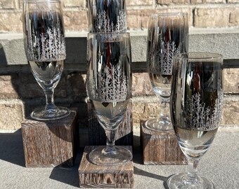 Vintage Mid Century Mercury Fade Frosty Pines Champagne Flutes.