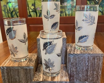 Libbey Frosted Silver Leaf Mid Century Juice Glasses.