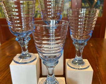 Libbey Stemmed Sirrus Blue Ribbed Wine Glasses.