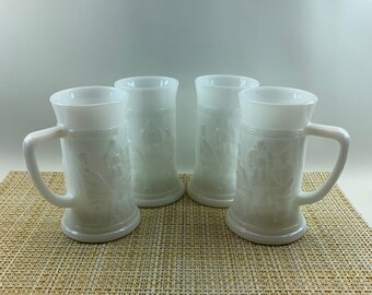 Vintage Milk Glass Tankard Embossed Beer Stein. Pub Scene.