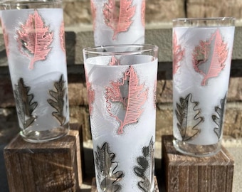 Libbey Vintage Frosted Mid Century Pink Leaf Glass Tumblers.