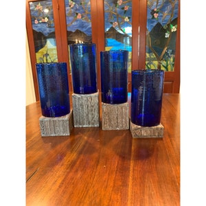 Vintage Cobalt Blue Seeded Hand Blown Glass Tumblers