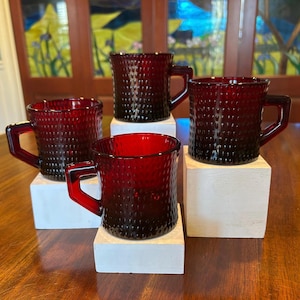 Ruby Red Hobnail Mid Century Glass Mugs.
