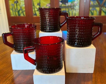 Ruby Red Hobnail Mid Century Glass Mugs.