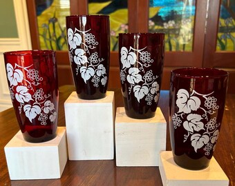 Ruby Red Anchor Hocking Grape Patterned Glass Tumblers.