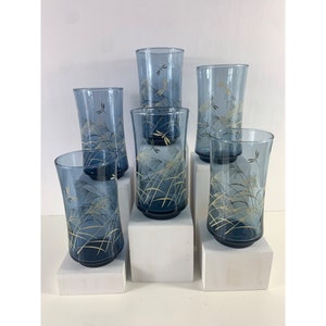 Vintage Libbey Bolero Dusky Blue Dragonfly Glass Tumblers.