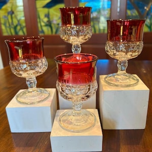 Kings Crown Ruby Red Thumbprint Mid Century Glass Cordials.