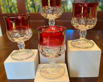 Kings Crown Ruby Red Thumbprint Mid Century Glass Cordials.
