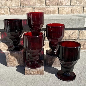 Anchor Hocking Royal Ruby Red Georgian Honeycomb Glass Goblets.