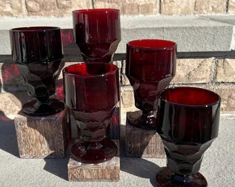Anchor Hocking Royal Ruby Red Georgian Honeycomb Glass Goblets.