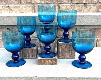 Vintage Mid Century Blue Stemmed Wine Glasses.