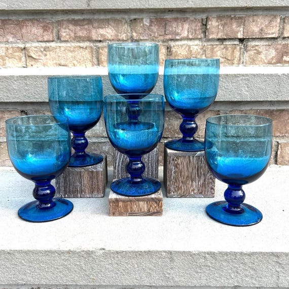 Vintage Mid Century Blue Stemmed Wine Glasses.