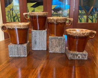 Vintage Hull Glazed Brown Drip Coffee Mugs.