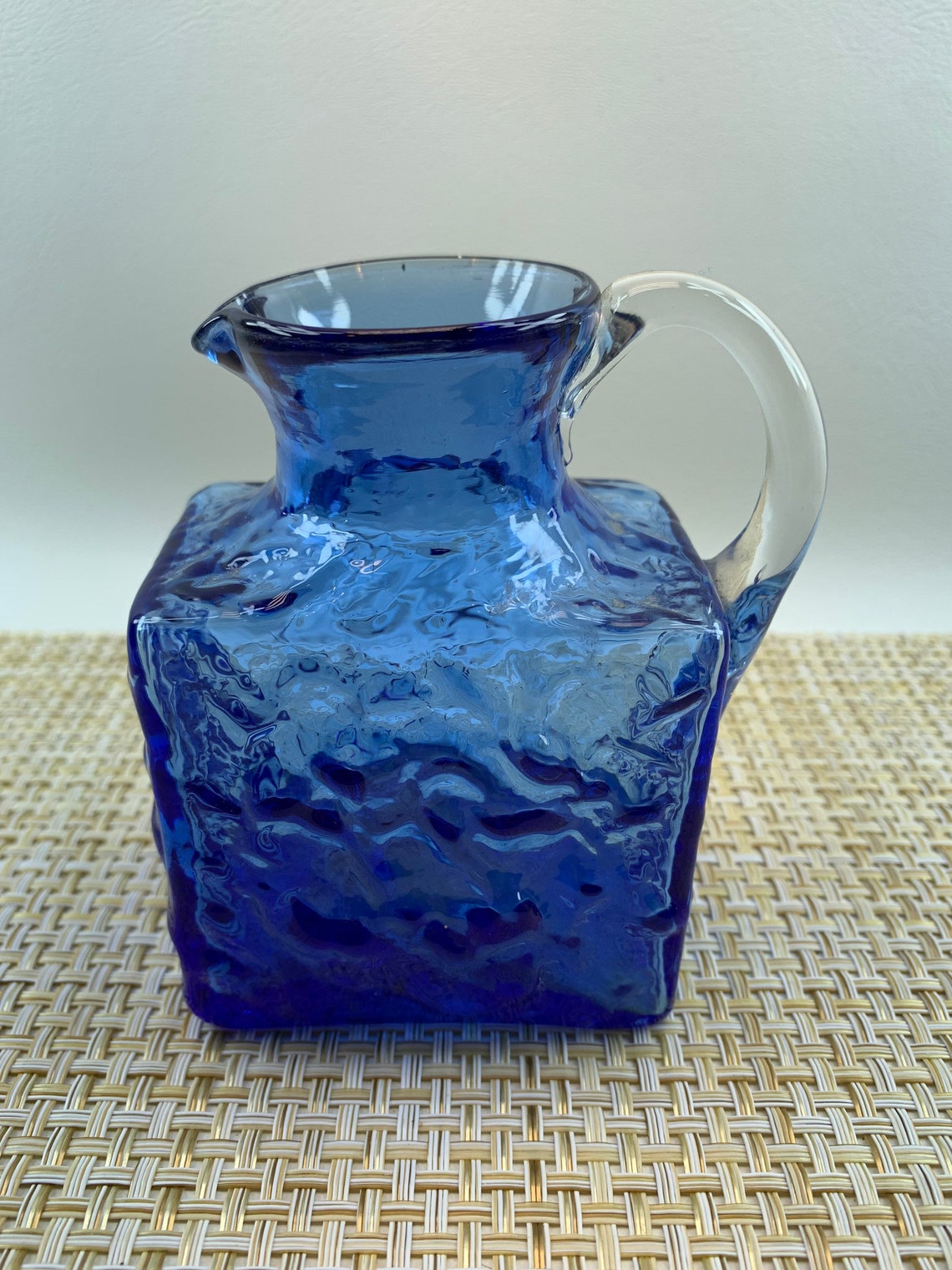 Hand Blown Blue Crinkle Glass Pitcher Etsy