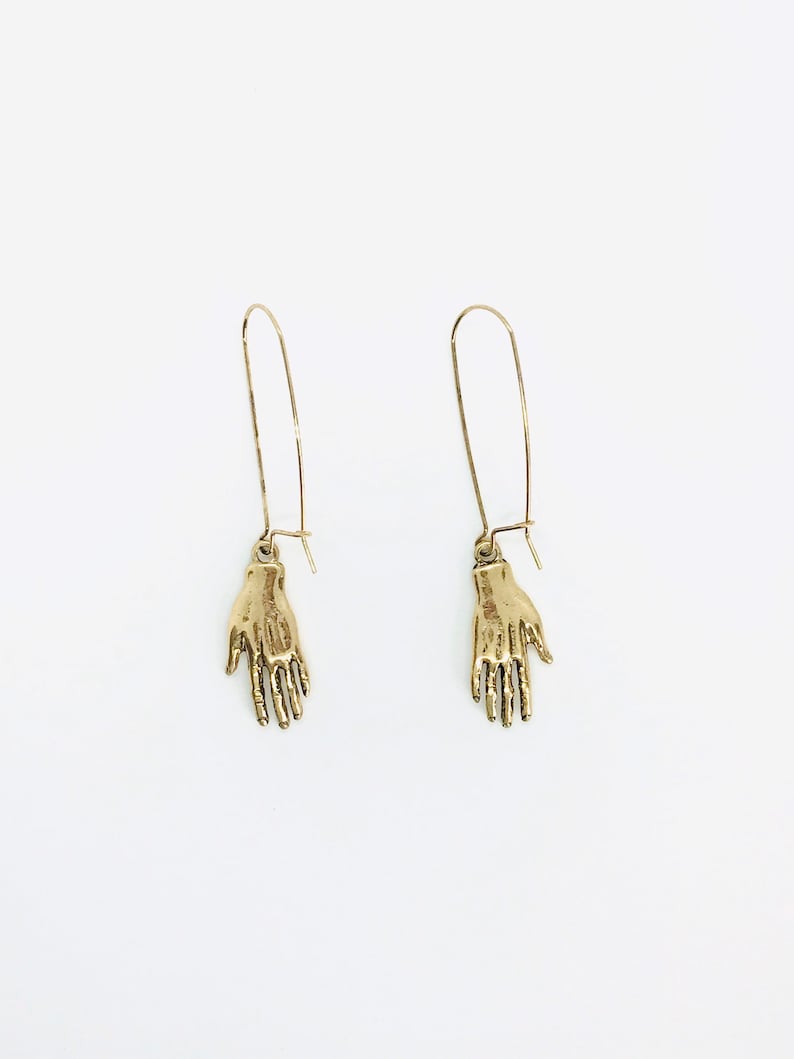 New Cool Bronze Statement Metal Contemporary Modern Dangle Hands Lady Earrings