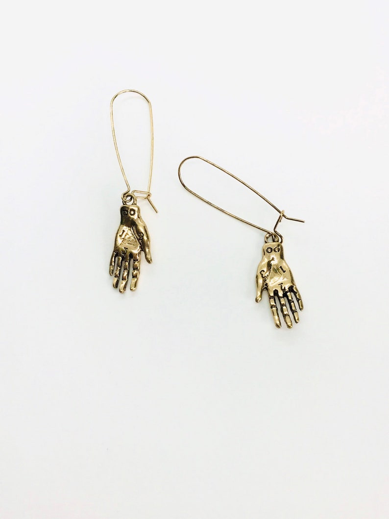 New Cool Bronze Statement Metal Contemporary Modern Dangle Hands Lady Earrings