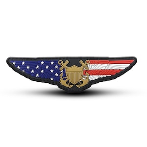 May include: A black patch with a gold eagle and anchor emblem, surrounded by a red, white, and blue American flag design. The patch is shaped like a pair of wings.