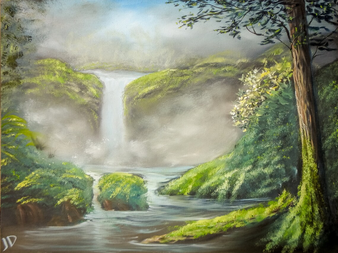 Print of Original Oil Painting Misty Waterfall Etsy