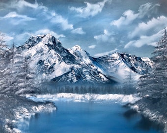 Bob Ross Style Landscape Oil Painting mountain Rhapsody 16x20in 
